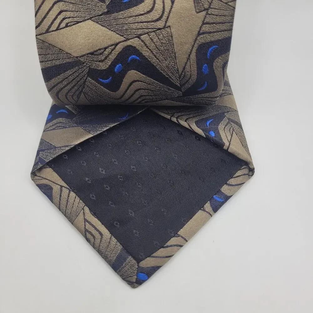 Vintage Courreges‎ Homme Tie Beige Blue Geometric Silk Designer Necktie Abstract